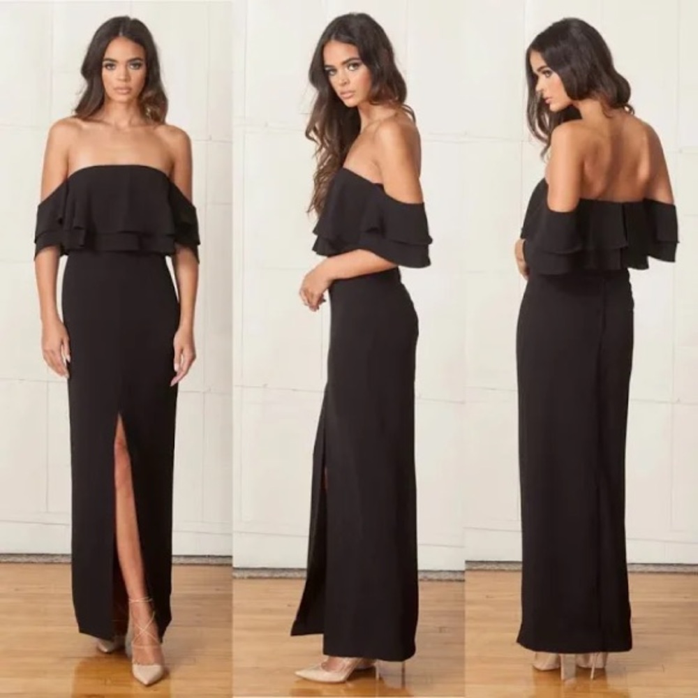 NWT Keepsake Off the Shoulder Black Maxi Gown with Slit
